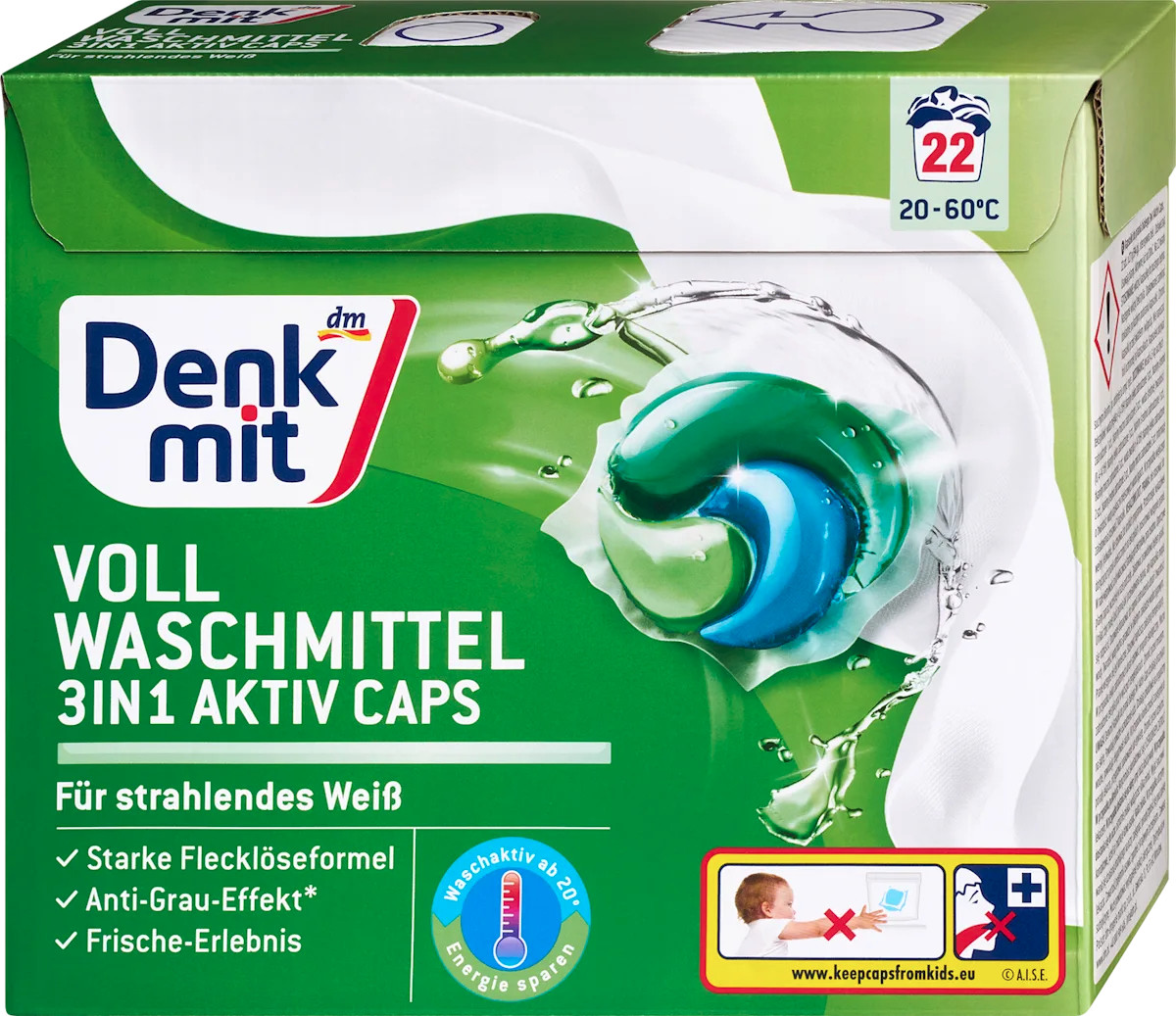 Капсули для прання Білої та світлої білизни Denkmit Vollwaschmittel 3in1 Aktiv Caps Денкміт актив для Білого 22шт