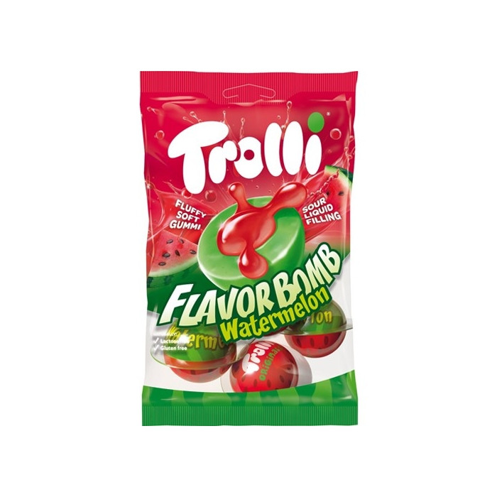 Жувальні гумки у формі бомб з Кавунів Trolli Flavor Bomb Watermelon Fluffy soft Gummy Тролі шари Кислувата рідка начинка 4шт 75г