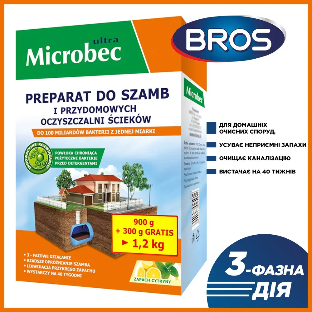 Препарат для септиків, вигрібних ям та дворових туалетів Bros Microbec Ultra 450г