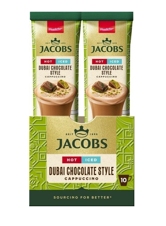 Капучіно розчинний Стіки Jacobs cappuchino Dubai Chocolate Style Hot Iced Якобс Дубайський Шоколад Фісташки Хот Айсед 10шт 195г
