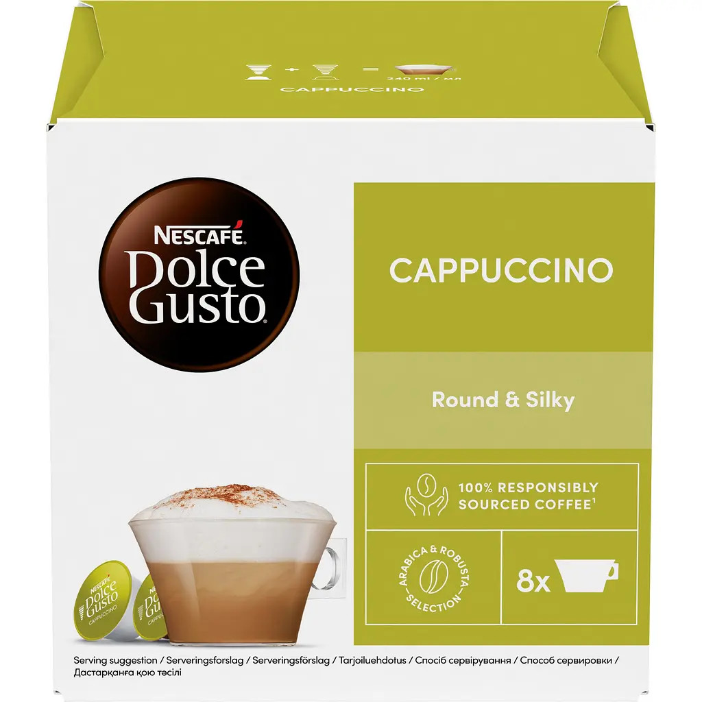 Кава мелена в Капсулах Nescafe Dolce Gusto Cappuccino Round&Silky Нескафе Капучіно Мякість та Насиченість 16шт 8порцій 186г