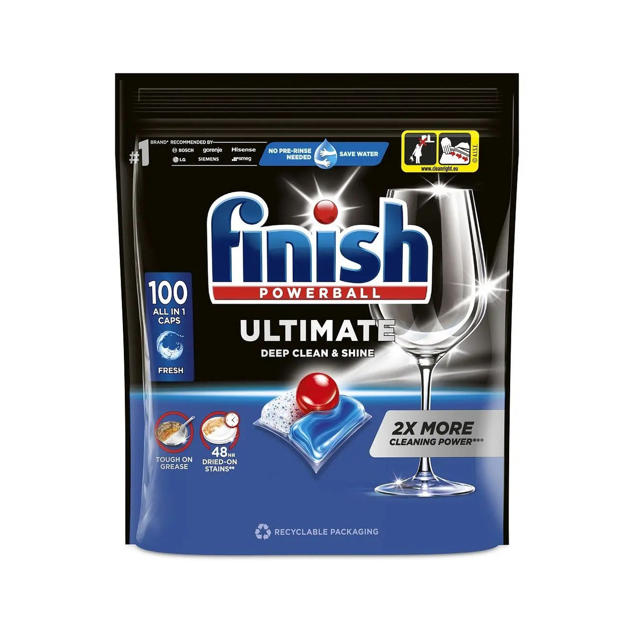 Капсули для Посудомийних Машин Finish Ultimate Powerball All in One Caps Deep Clean&Shine Фініш Ультимейт Глибоке Очищення 100шт