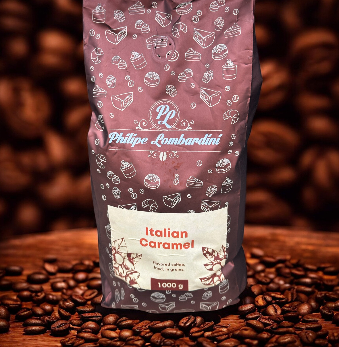 Кава в зернах Philipe Lombardini Italian Caramel Філіп Ломбардіні з ароматом Італійська Карамель мікс робусти та арабіки 1000г