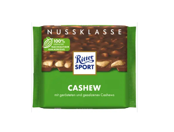 Шоколад молочний Ritter Sport NussKlasse Cachew Ріттер Спорт горіховий клас з солоними горіхами Кешью Плитка 100г