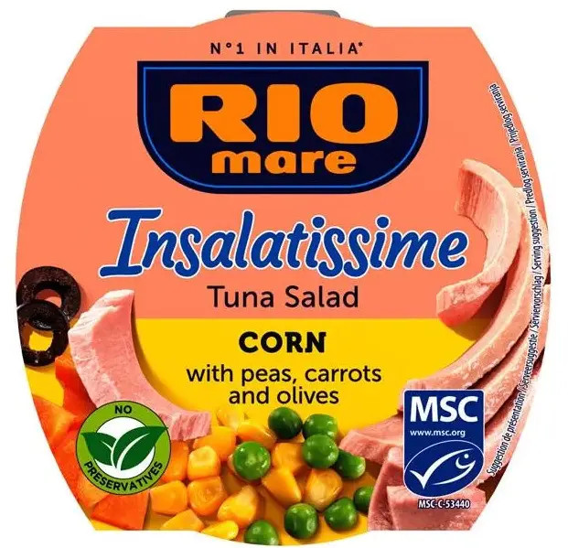 Салат з Тунця Rio Mare e Insalatissime Insalata di Tonno Corn Ріо Маре Кукурудза морква горошок та оливки Євробаночка 160г