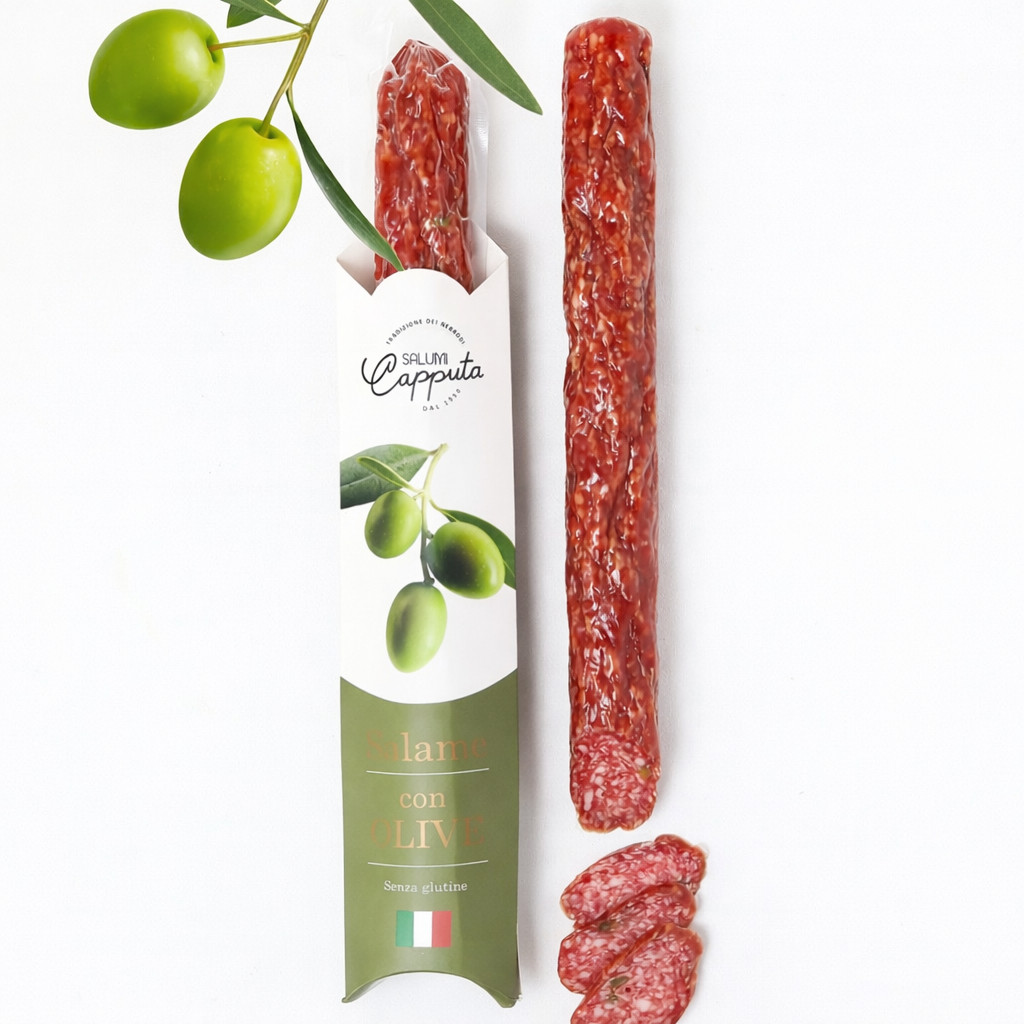 Ковбаса Салямі з Оливками Salumi Capputa Salame con Olives Капутта Сировялена свинина з спеціями без глютену Палочка 250г