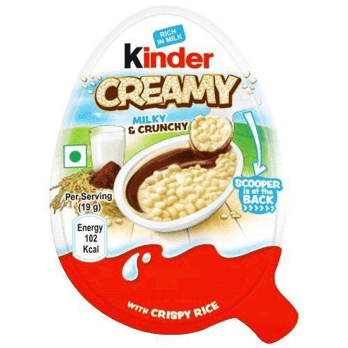 Десерт Шоколадне напів Яйце з ложкою Kinder Creamy Milky&Crunchy Crispy Rise Кіндер з повітряним Рисом та молочним кремом 19г