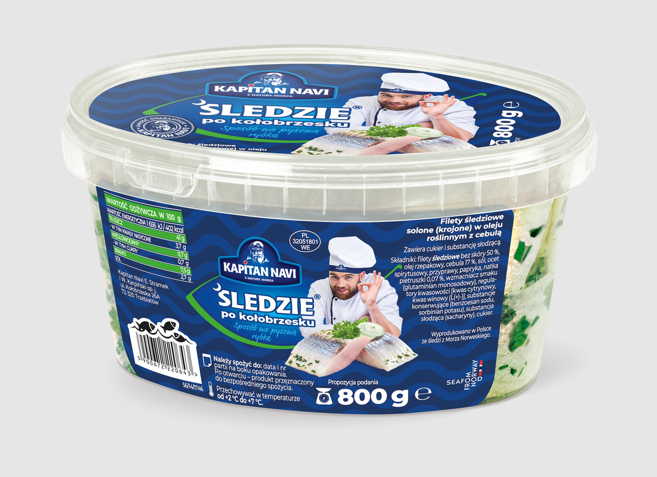 Оселедець Філе в Олії Kapitan Navi Sledzie po kołobrzesku Капітан Наві солоне з Цибулею по-Колобжеськи Контейнер 800г
